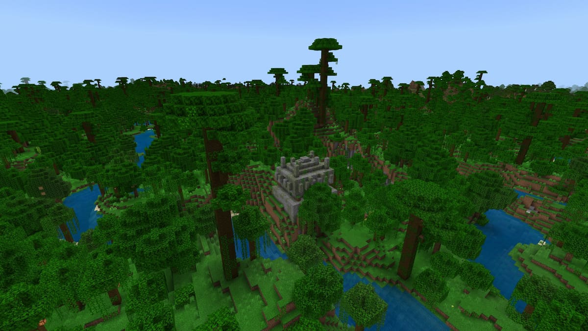 A Jungle Temple in the center of a Jungle next to a winding river