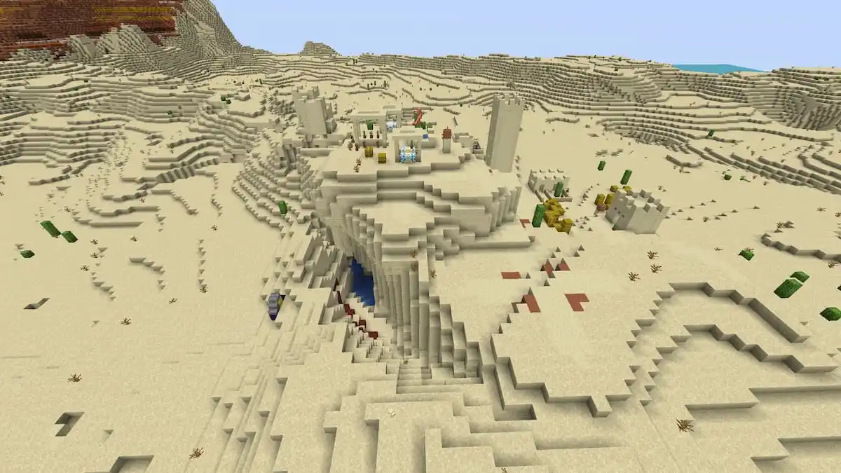 A ruined Nether portal beneath a Desert Village in Minecraft