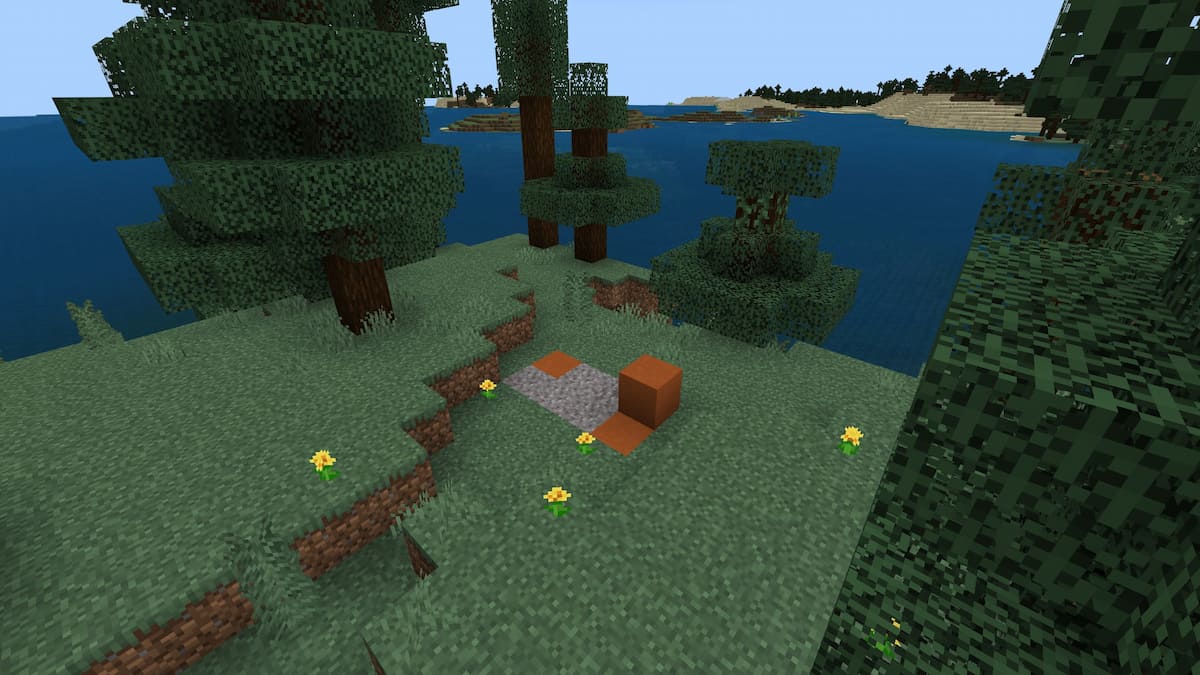 A set of Trail Ruins surrounded by dandelions in Minecraft
