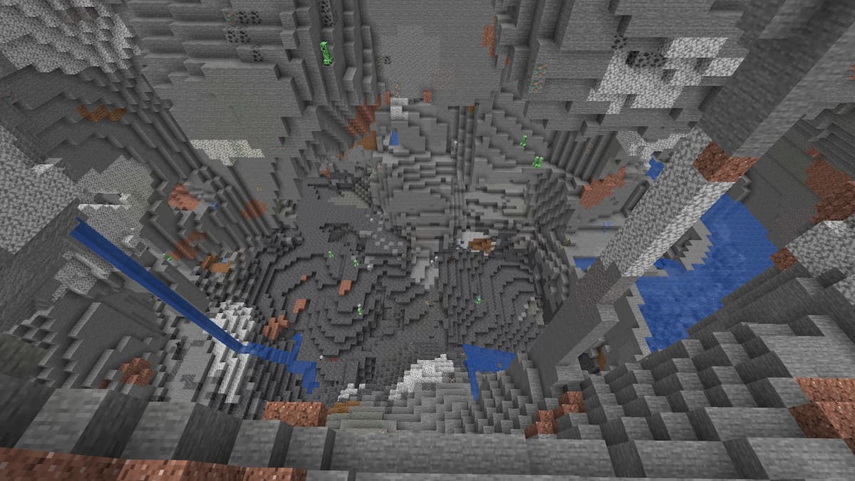A deepslate cavern filled with zombies, creepers, and diamonds