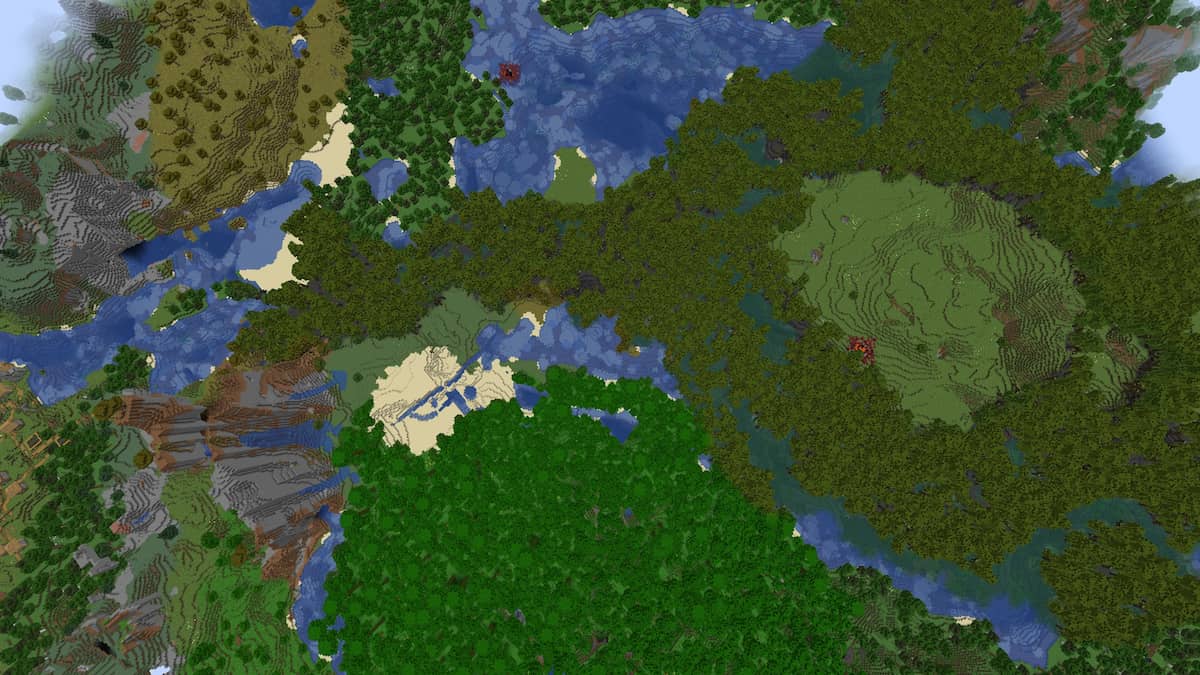 A Mangrove Swamp surrounding many different Minecraft biomes