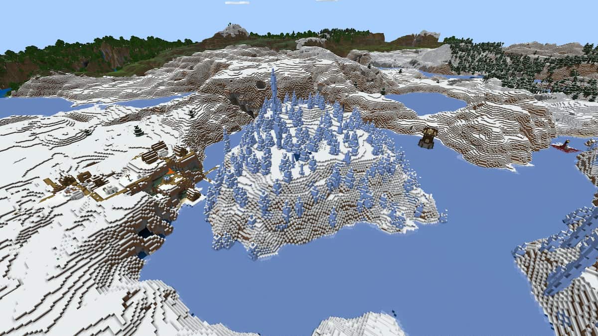 A Minecraft Ice Spikes biome surrounded by ice and a Snowy Village, a Pillager Outpost, and a Ruined Portal