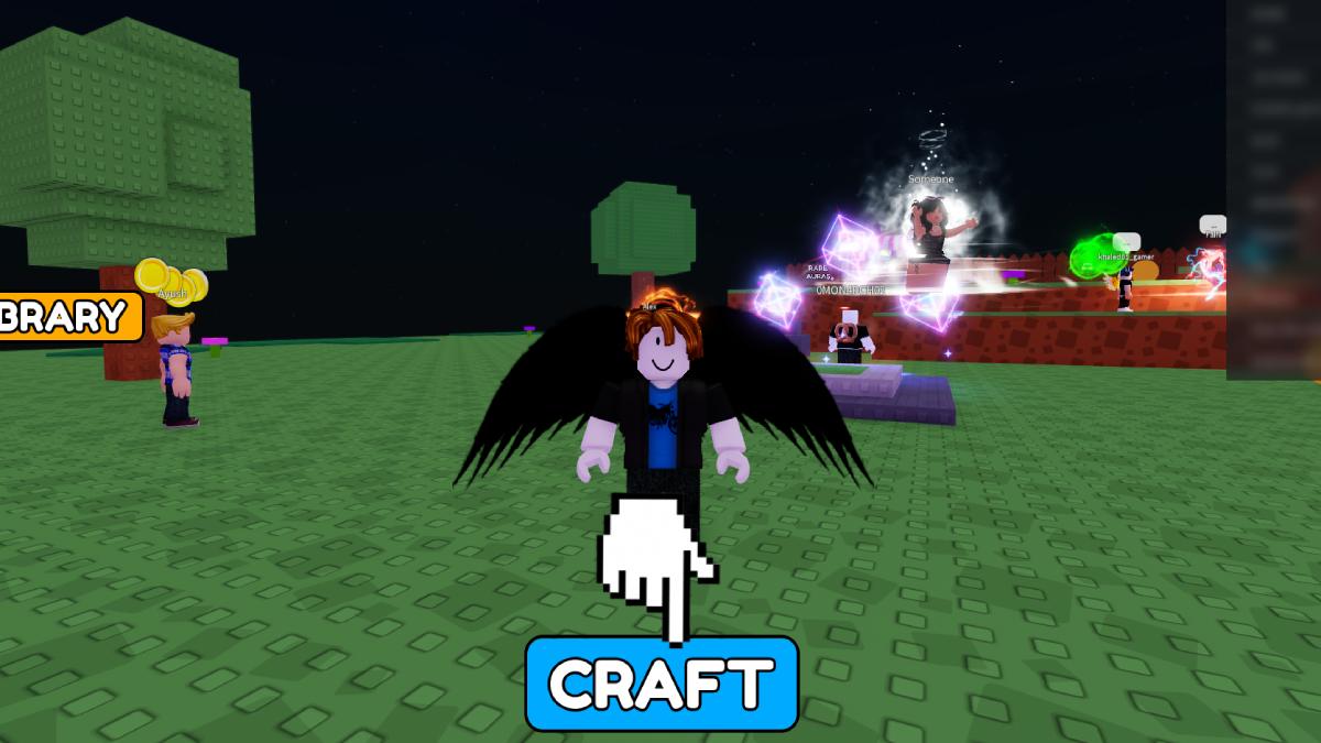 Hand pointer pointing towards the craft button in Roblox Aura Craft