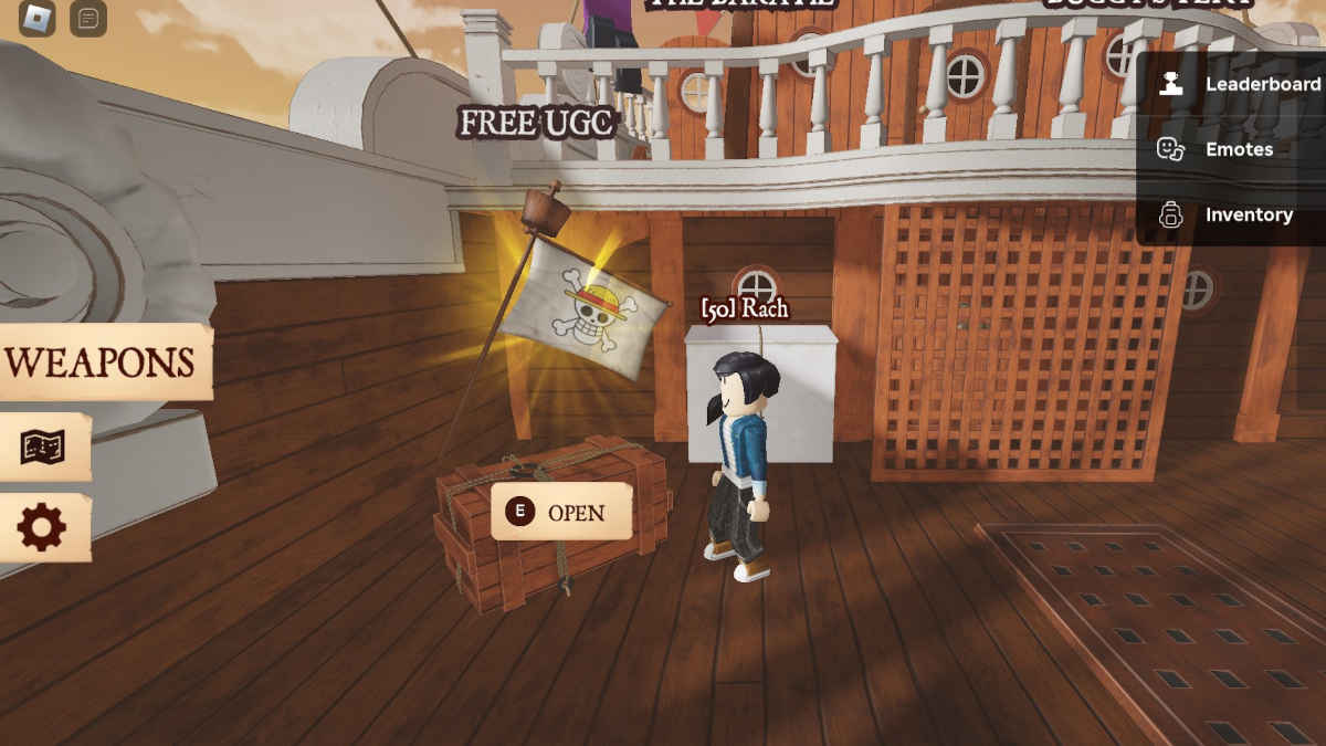 The One Piece Roblox flag shining on a wooden boat.
