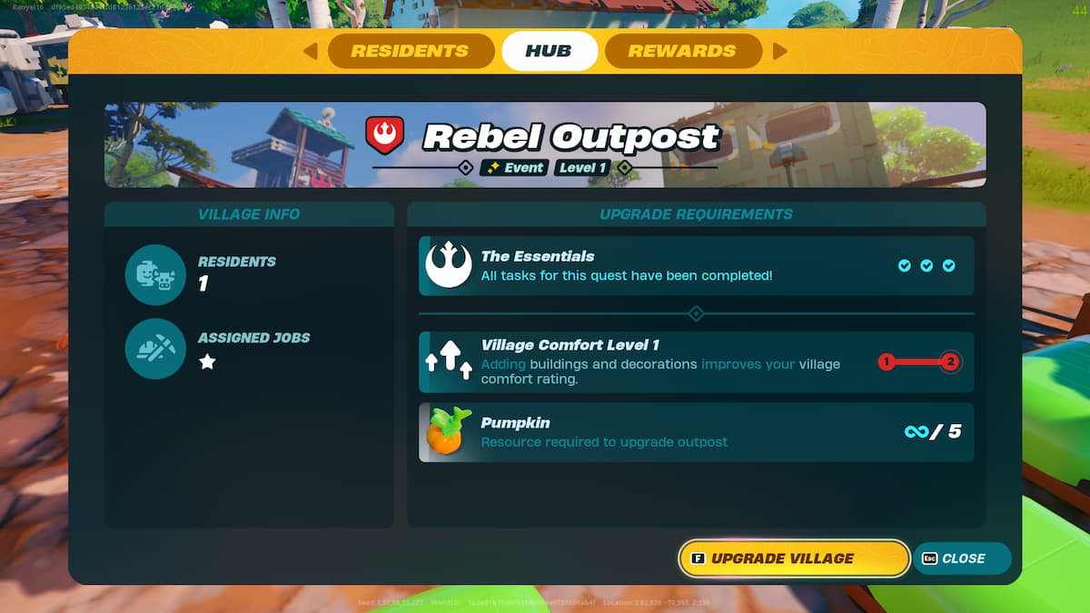 The Rebel Outpost Upgrade menu in LEGO Fortnite