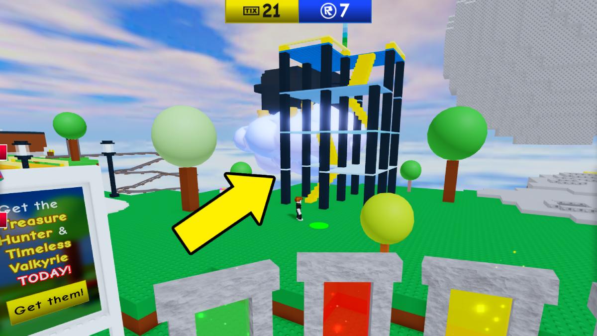 An arrow pointing a Tower in Roblox The Classic