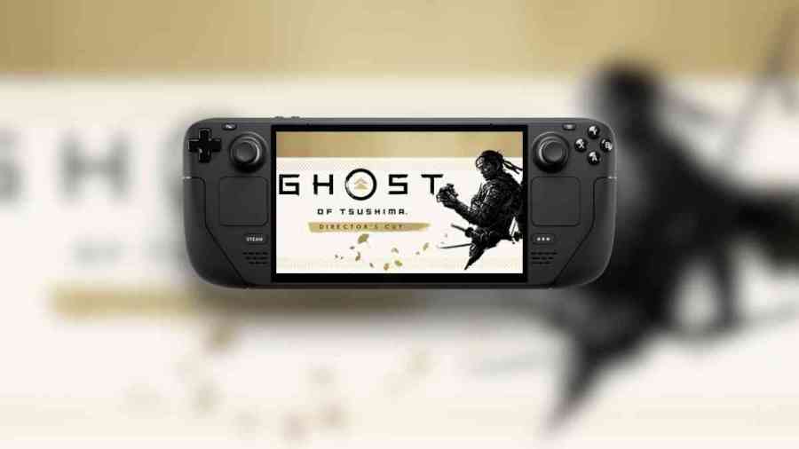 A Steam Deck playing the Ghost of Tsushima game