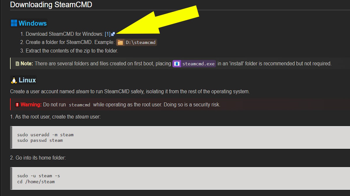 Screencapture showing the download link for SteamCMD.