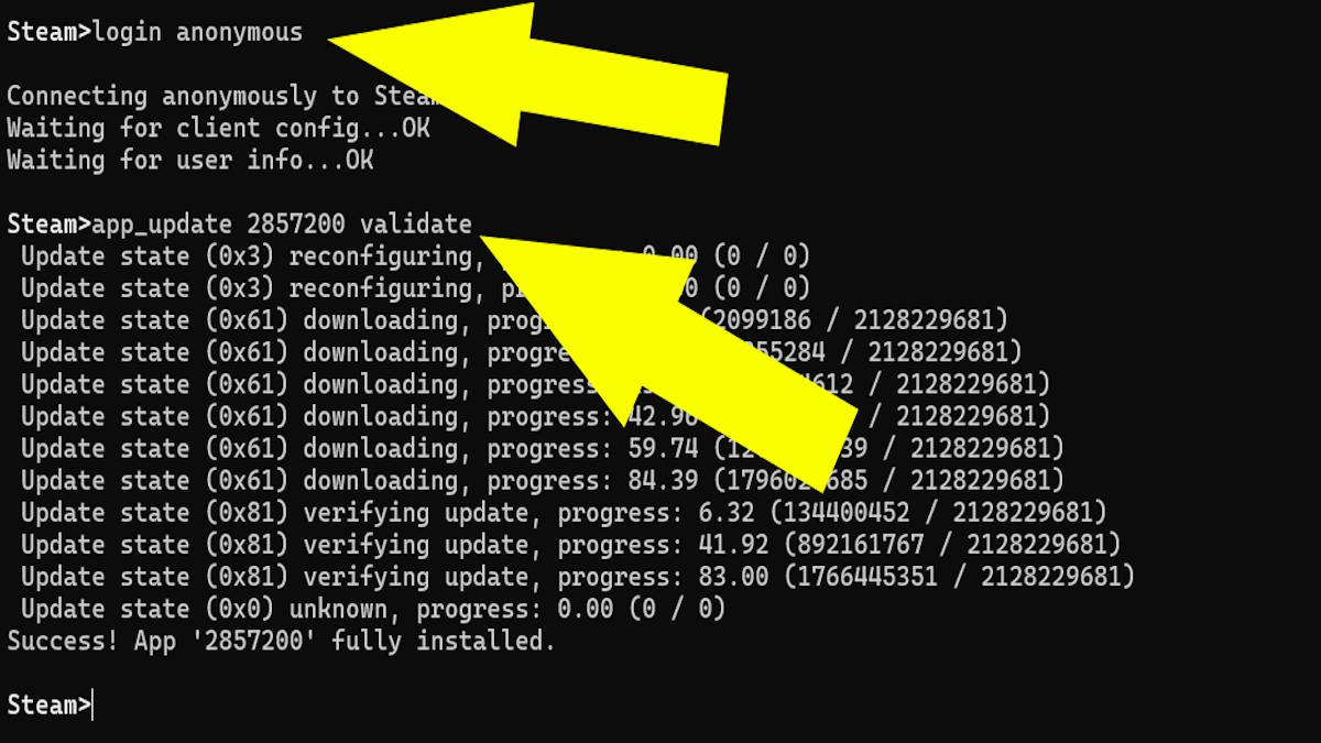 Command strings installing Abiotic Factor on SteamCMD.