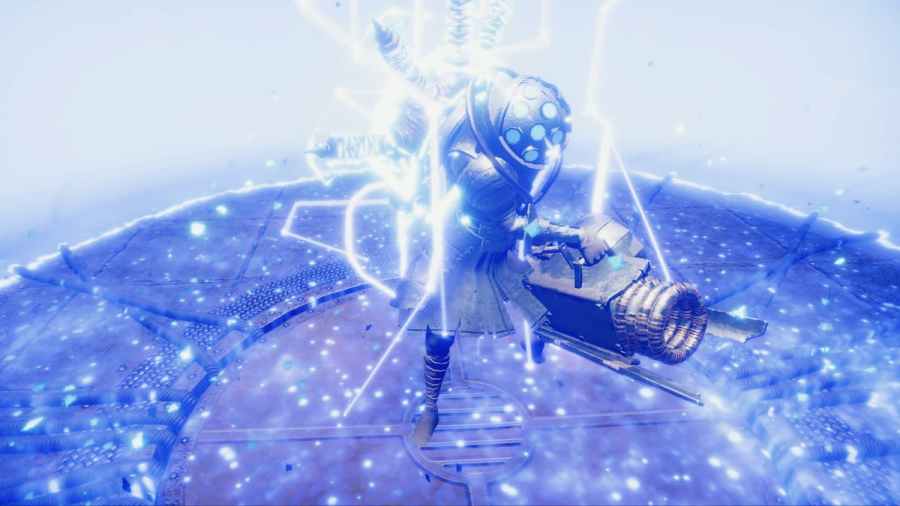 V Rising character using high-tech weapon in the game.