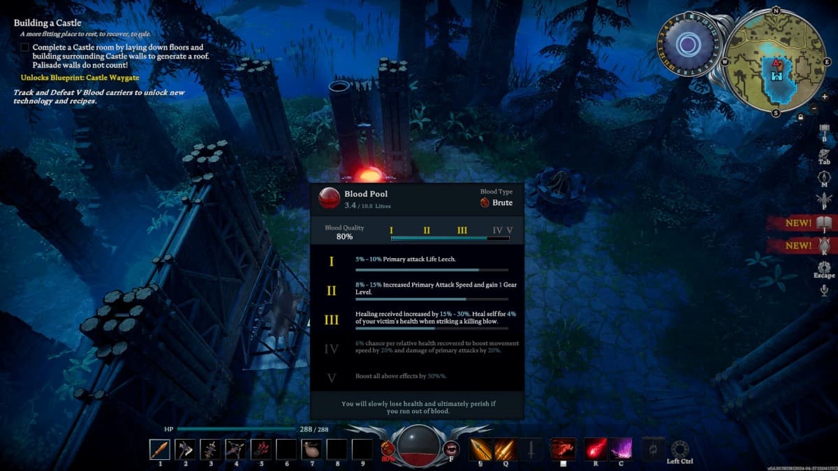 V Rising, gameplay showing the Blood Pool and Blood Type descriptions