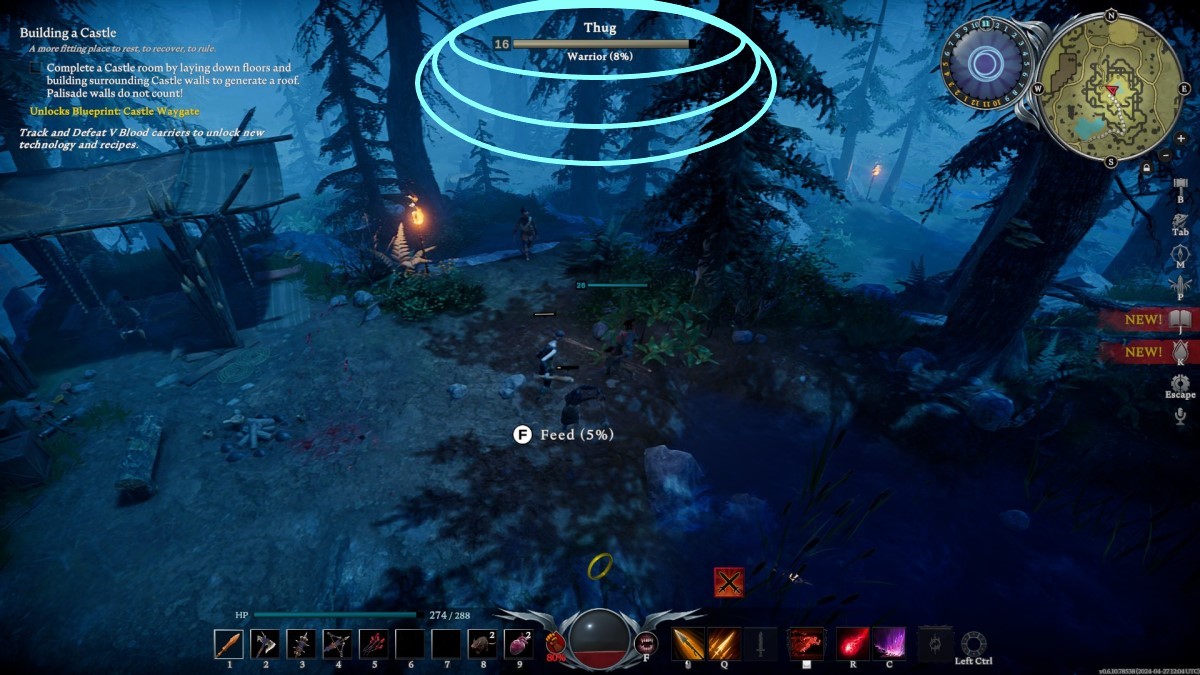 V Rising Gameplay, showing a battle with ovals indicating Enemy Health, Blood Type, and Quality.