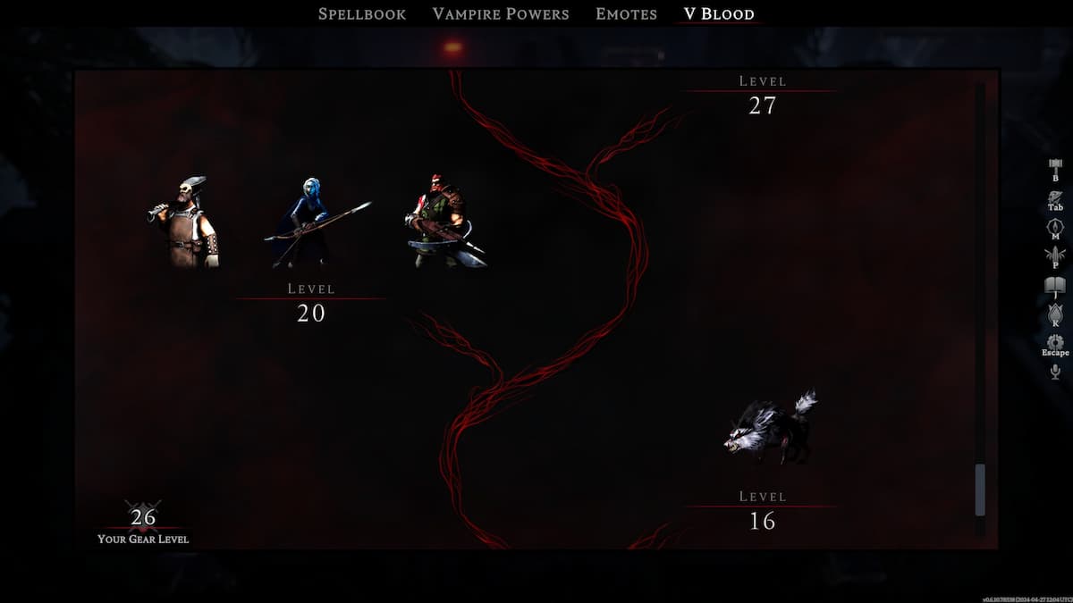 V Rising, showing the V Blood menu and the respective bosses available to hunt.