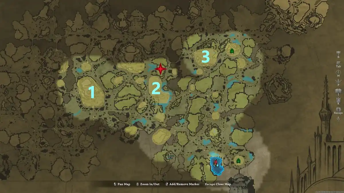 V Rising, map of Farbane Woods with numbers marking three boss locations and a red star marking an area in between them.