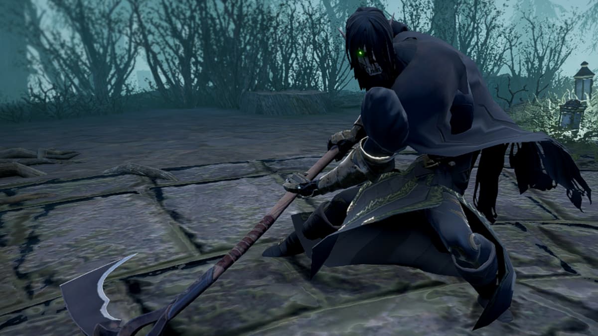 V Rising character using weapon as harvesting tool.