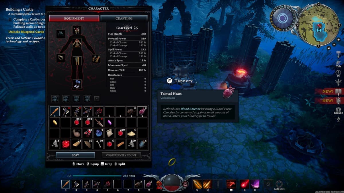 V Rising, screenshot of gameplay showing the inventory screen with a description of Tainted Hearts