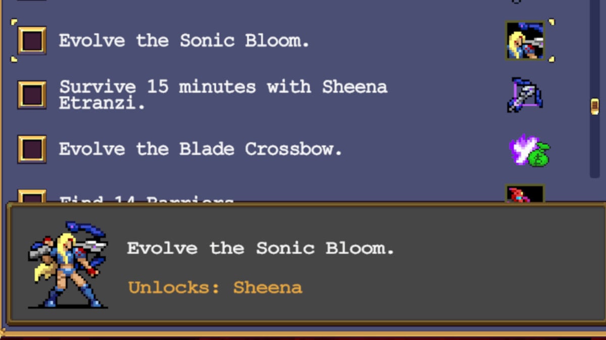 Unlockables menu showing Sheena's unlock requirements in Vampire Survivors Operation Guns