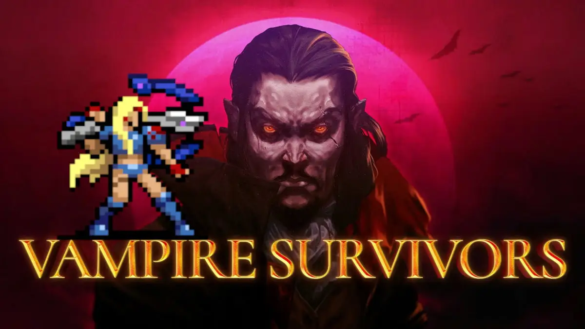 The Vampire Survivors Logo with Sheena's character model over top of it.