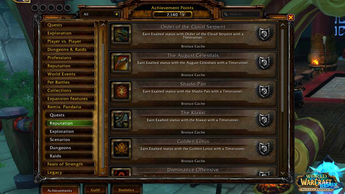 A screenshot of all the Reputation Achievements in WoW Remix MoP
