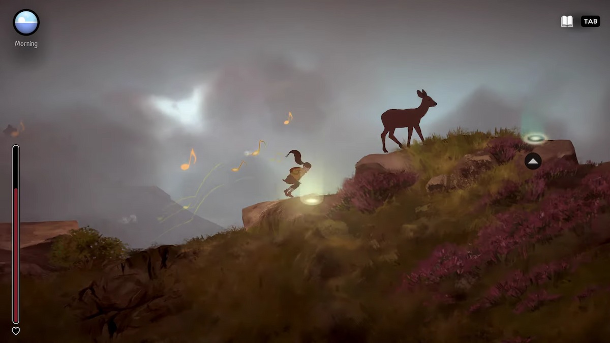 Moira follows a deer up a hill as music plays in A Highland Song. 