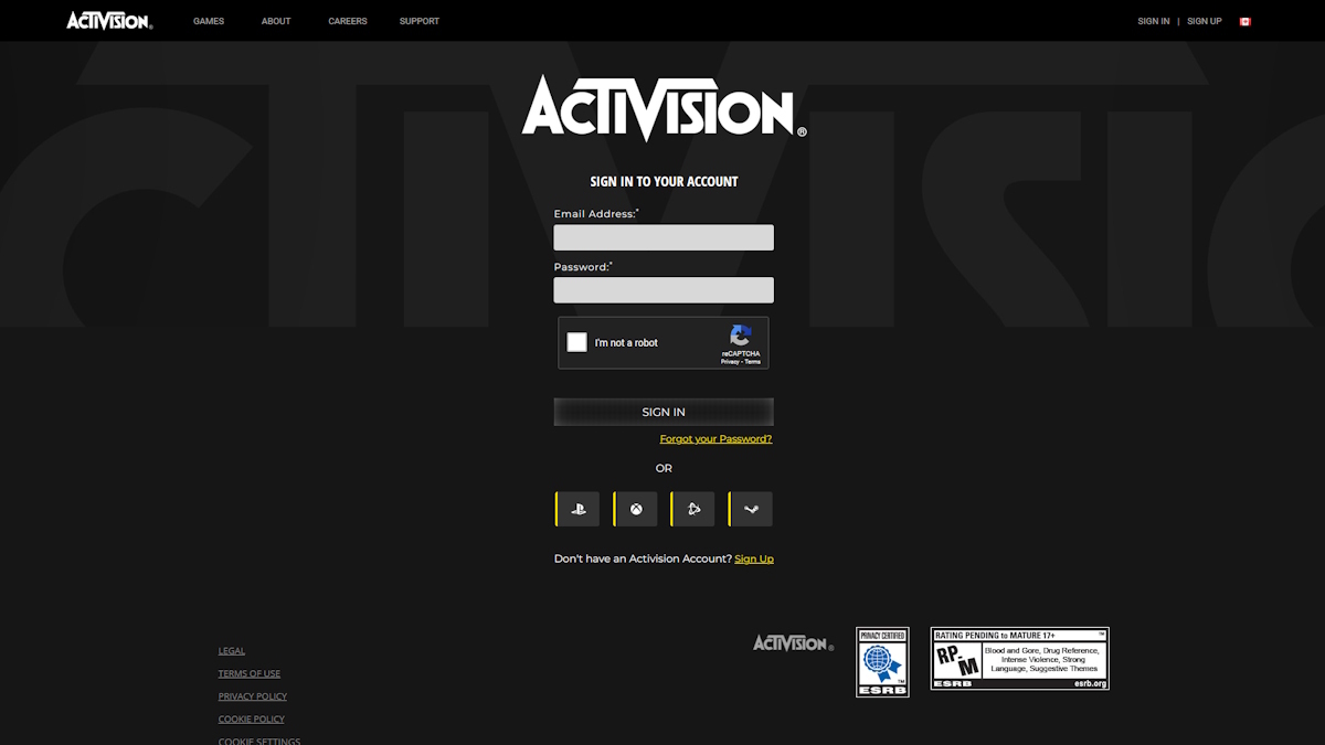 Call of Duty: Warzone login page Activision