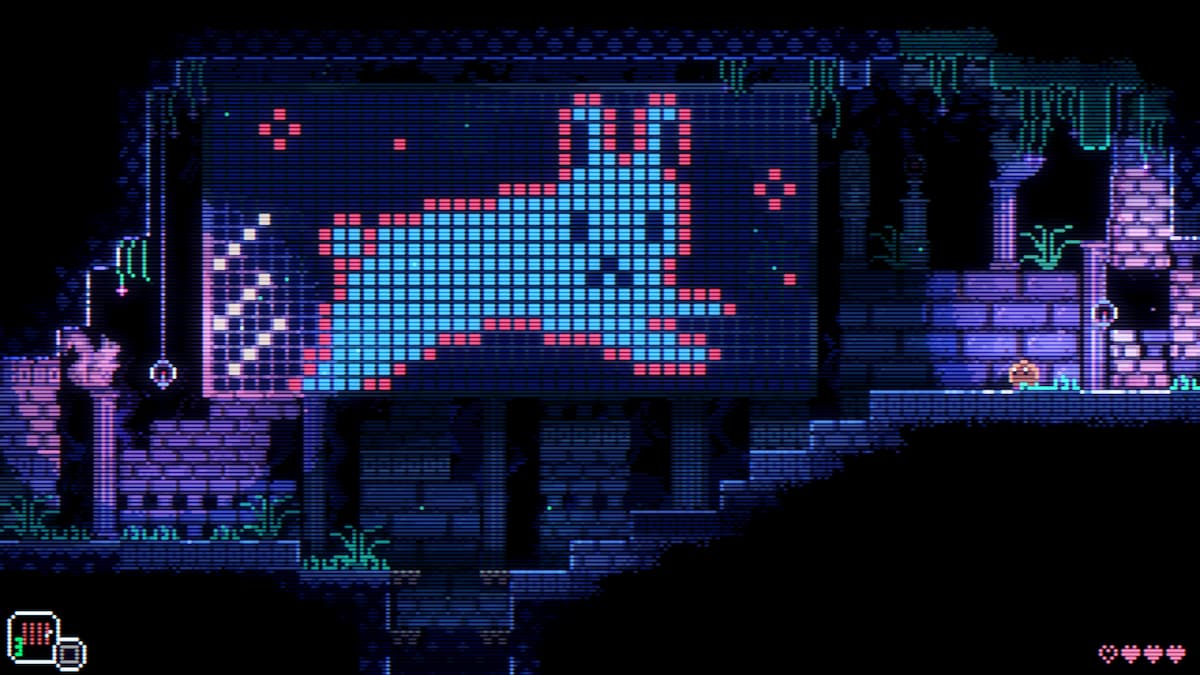 A large neon bunny rabbit mid-jump in Animal Well.