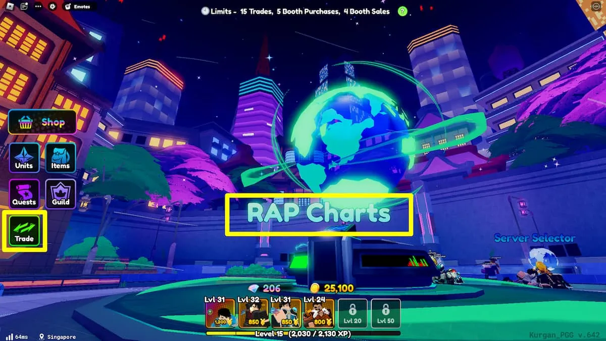 Trading area in Anime Defenders with RAP Charts and Trading strands