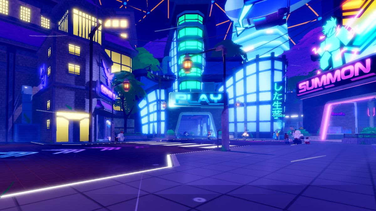 Anime Defenders neon city-looking base