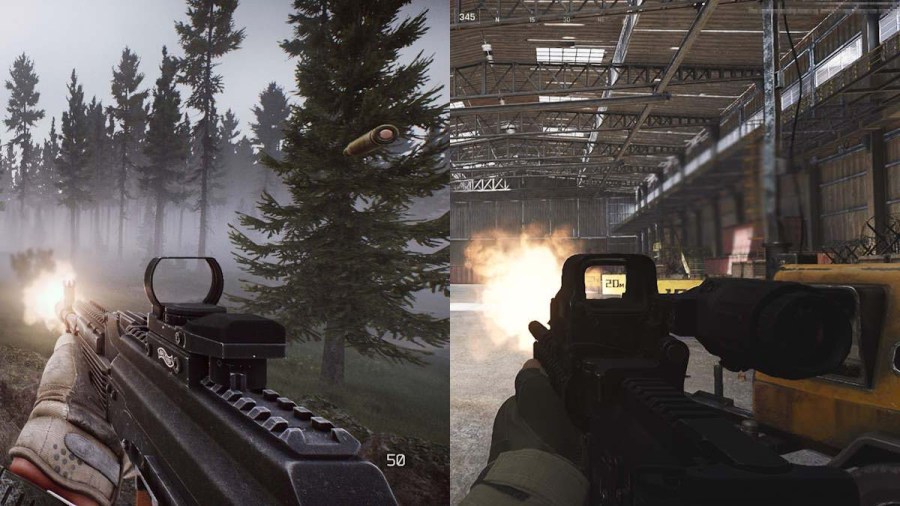 A spliced showcase of weapons firing in both Escape From Tarkov and Arena Breakout Infinite.