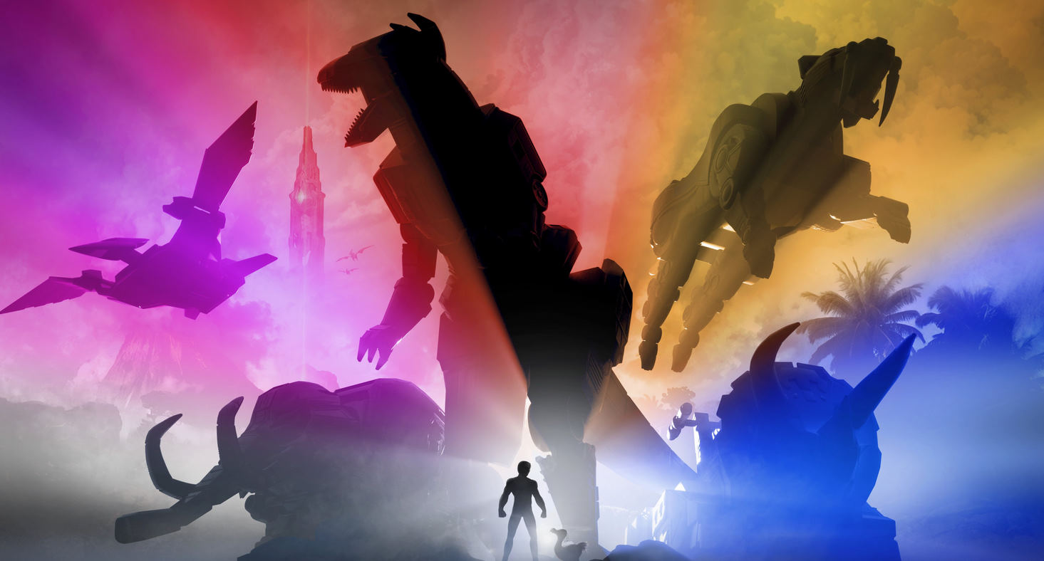 Ark Survival Ascended x Power Rangers Dinozords visible in the shadows, with the lights in the color of each ranger behind them