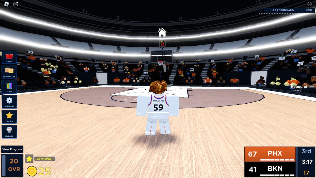 Basketball player standing on a court in Roblox Basketball Legends game