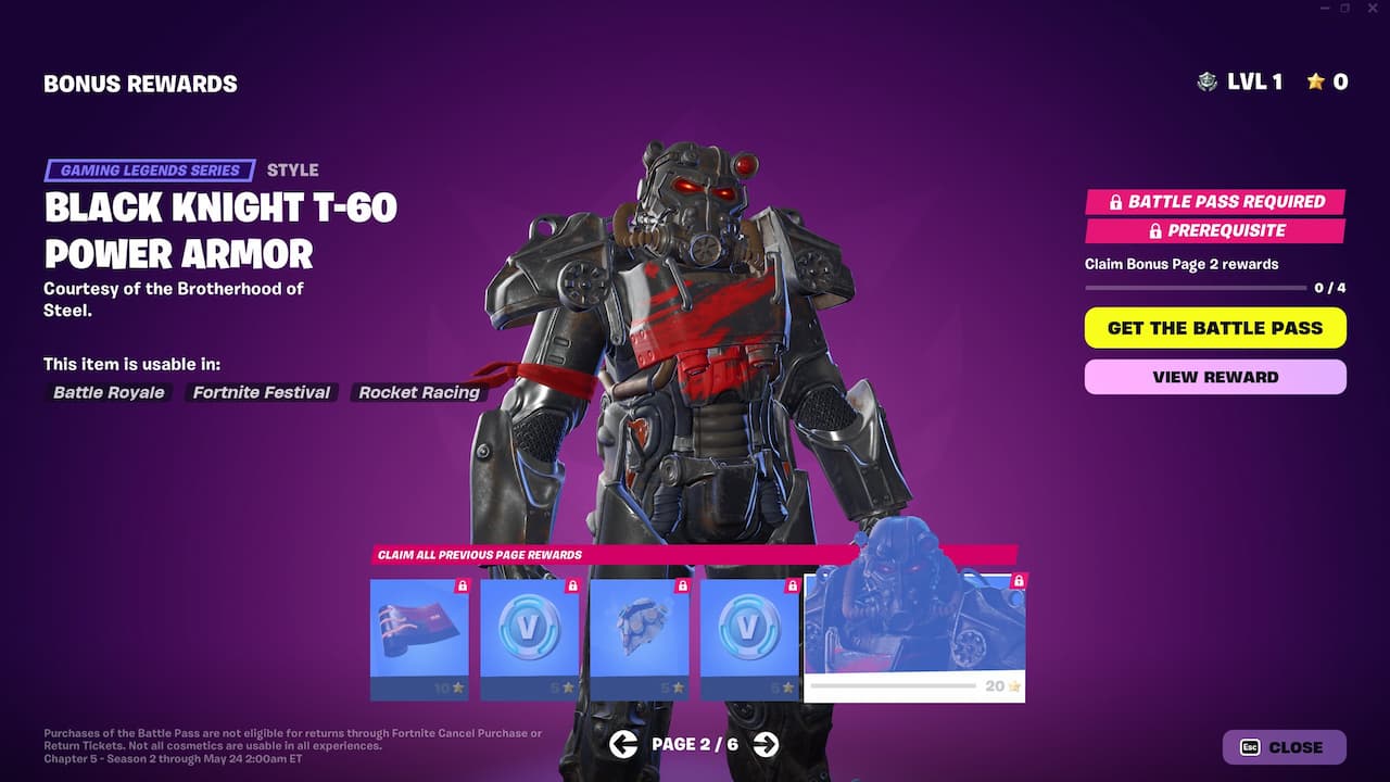 The Black Knight T-60 Power armor in Fortnite's Battle Pass screen