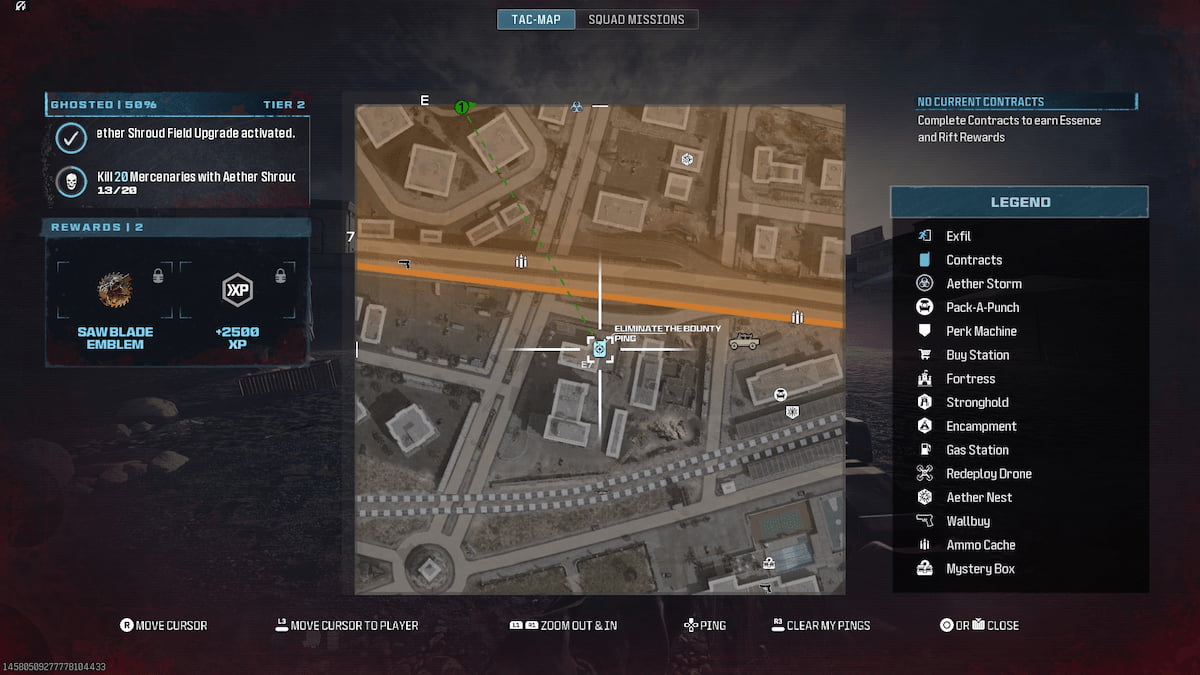 An image of the in-game map showing an example of a prize contract.