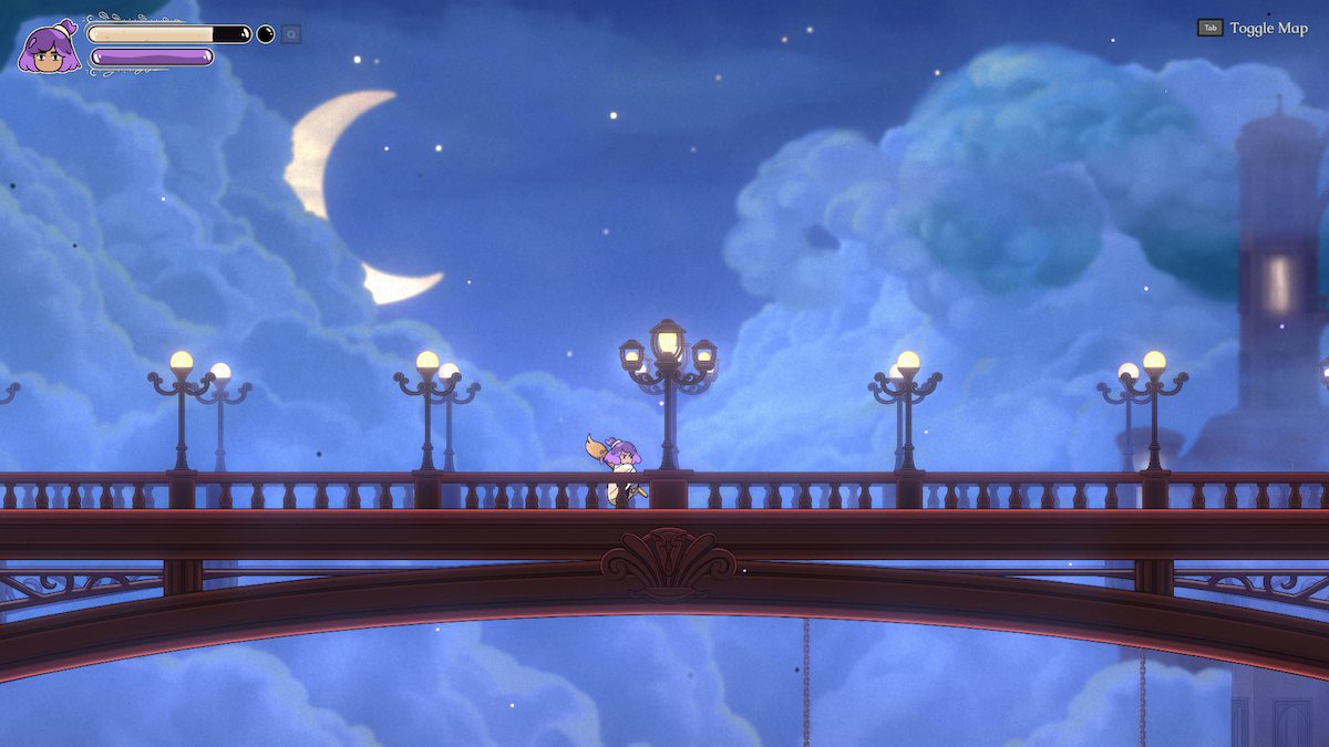 Constance crossing a bridge under a starry sky.