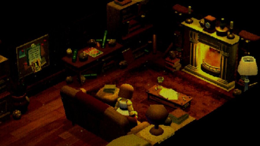 The main character sat by a fire in the first safe room in Crow Country.