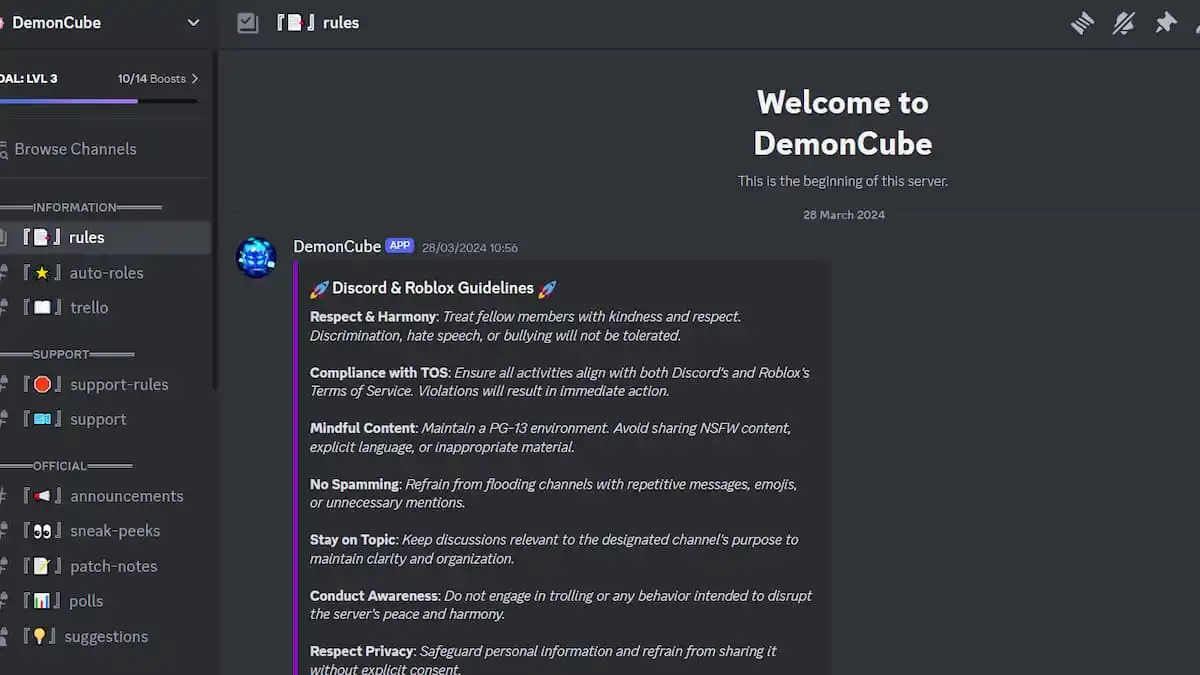 Main screen showing Demon Blade Discord server