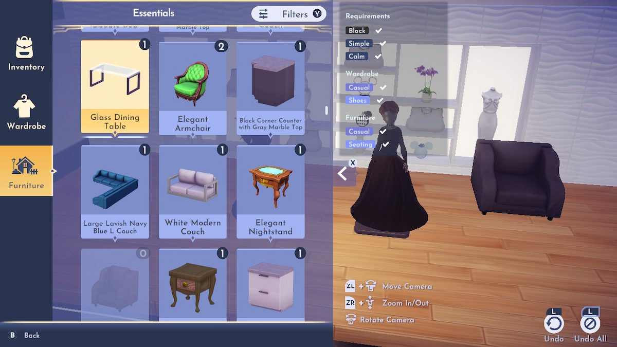 The furniture menu in Disney Dreamlight Valley, showing that the player has selected and placed a black armchair next to a mannequin wearing a black, long-sleeved dress.