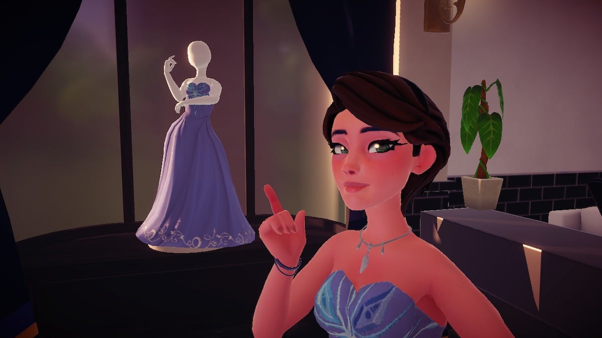 A fem-presenting Disney Dreamlight Valley avatar points towards a mannequin wearing the same dress they are.