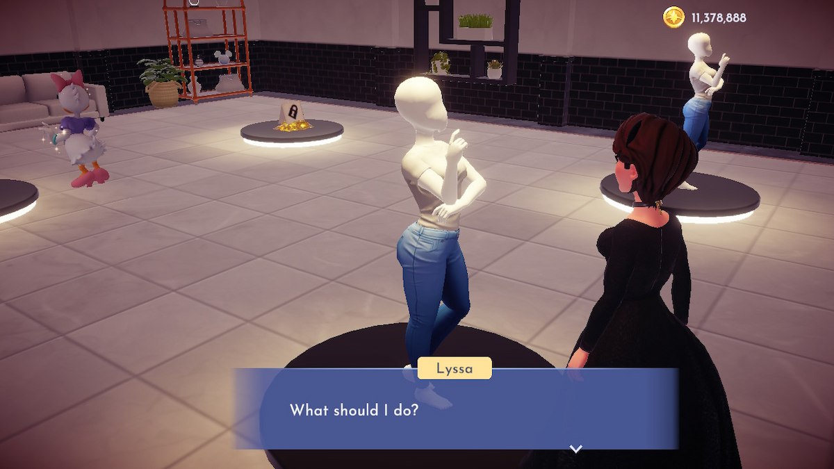 A fem-presenting Disney Dreamlight Valley avatar stands in front of a default mannequin wearing a white shirt and blue jeans. They're asking "What should I do?"