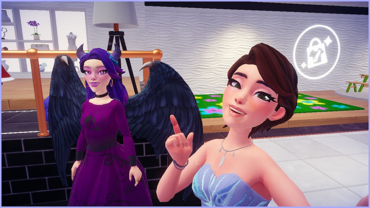 Two femme-presenting Disney Dreamlight Valley avatars take a selfie together.  The one on the left has purple hair, dark wings and a purple dress.  The one on the right has a light purple dress.