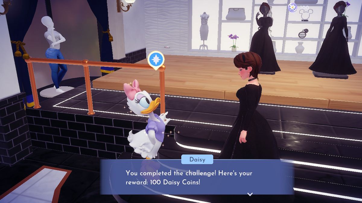 A fem-presenting Disney Dreamlight Valley avatar talking to Daisy Duck after completing a Boutique challenge. Daisy awards them 100 Daisy Coins.