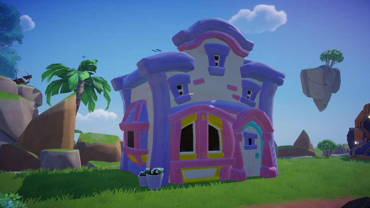 Daisy's house in Disney Dreamlight Valley. A large house with pink and purple accents.