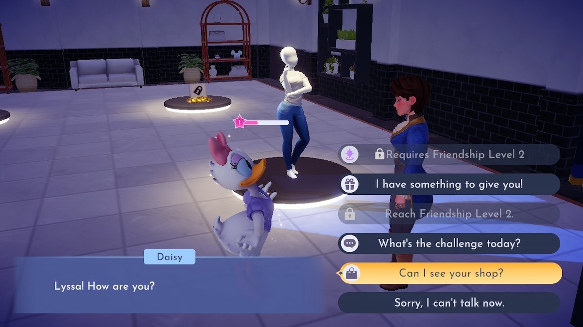 Fem-presenting Disney Dreamlight Valley avatar talking to Daisy Duck inside Daisy's Boutique.
