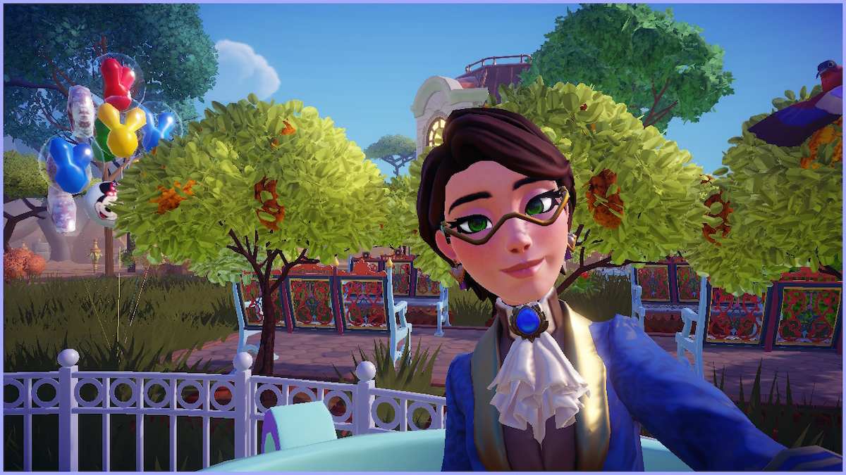 Fem-presenting Disney Dreamlight Valley avatar taking a selfie on a teacup ride.