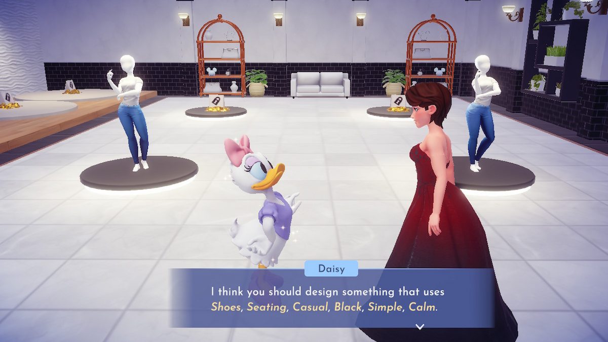 A fem-presenting Disney Dreamlight Valley avatar talking to Daisy Duck about their first daily Boutique challenge.