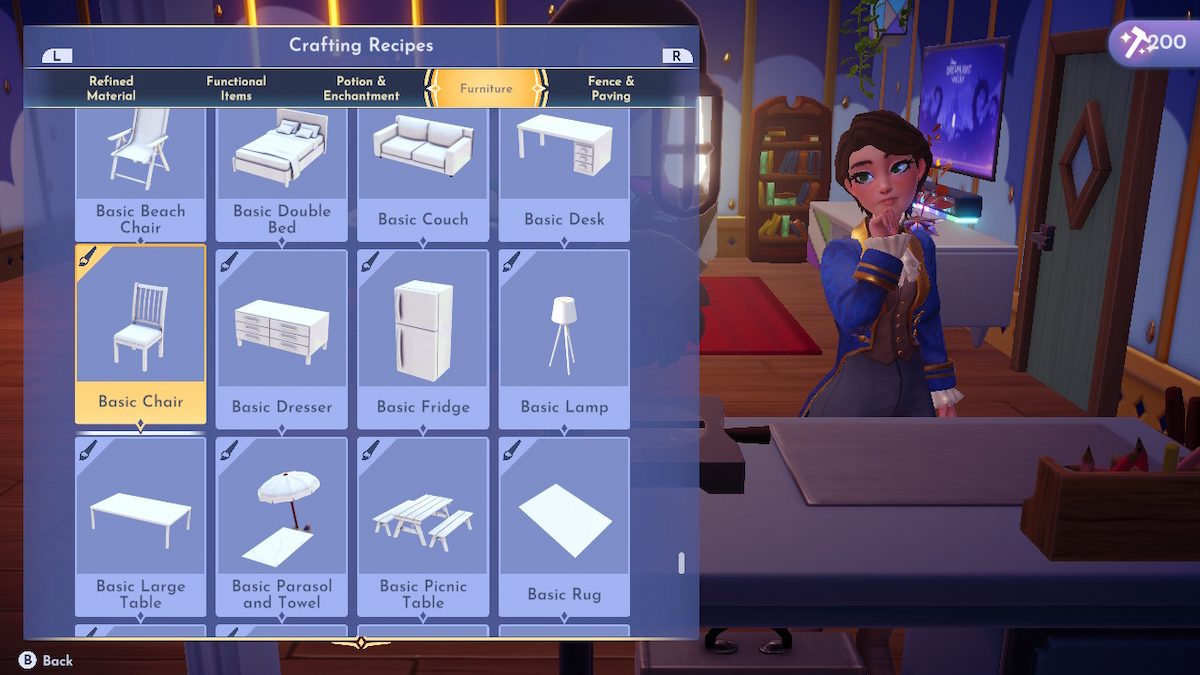 Six of the available furniture designs that Disney Dreamlight Valley players can craft using a crafting table.
