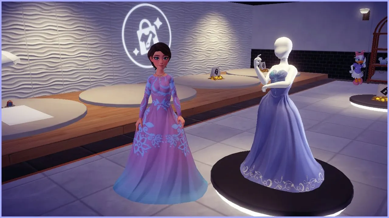 A fem-presenting Disney Dreamlight Valley avatar wearing a design from another player while standing next to their own design on a mannequin.