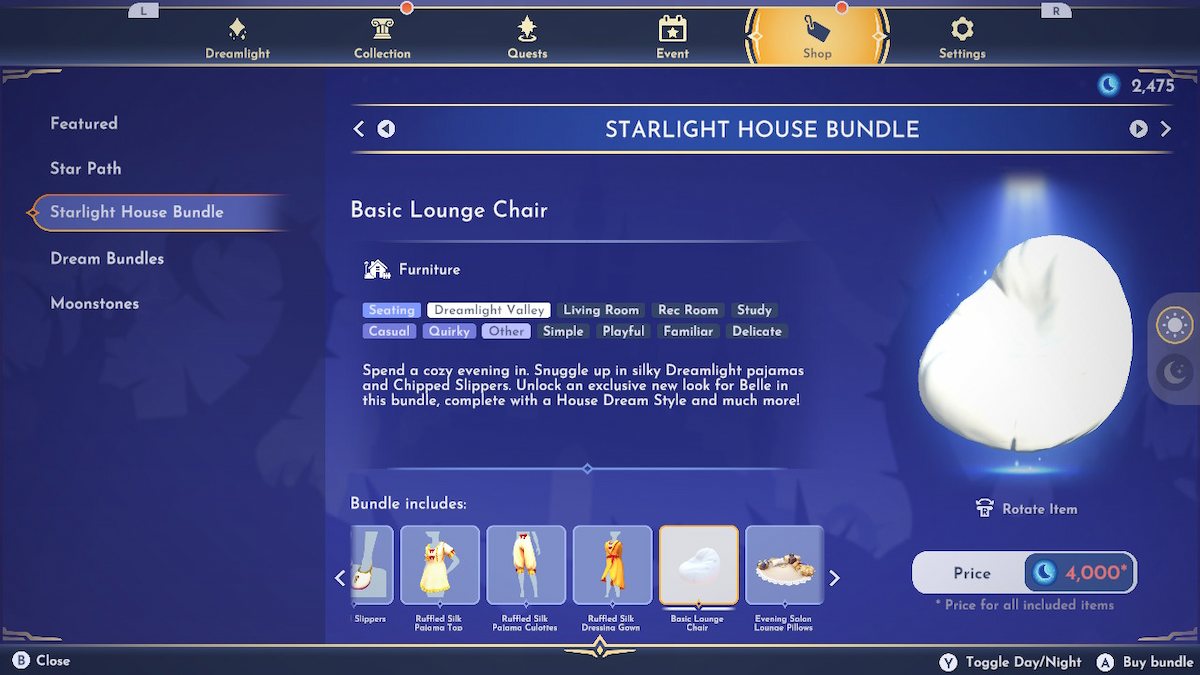 The chair available in Disney Dreamlight Valley when a player purchases the Starlight House Bundle from the Premium Shop.
