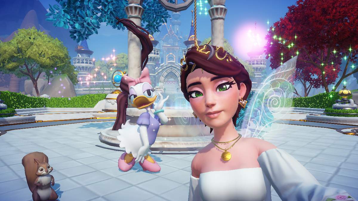 A fem-presenting Disney Dreamlight Valley avatar poses with Daisy Duck for a selfie by the plaza well.