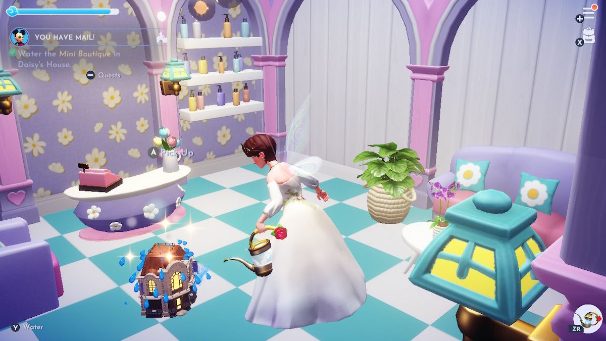 A fem-presenting Disney Dreamlight Valley avatar in a white gown watering a tiny version of Daisy's Boutique.